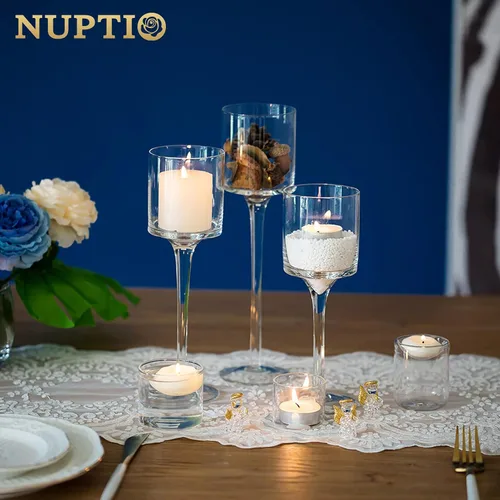 Vista 6 de NUPTIO Portavelas de cristal Tealight: juego de 3 candelabros de tallo largo para centro de mesa de cena, velas flotantes Monet Clear Glass Cups
