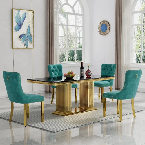 Vista 14 de Juego de mesa de comedor de 5 piezas para 4, mesa de cocina de mármol negro de 68 pulgadas con 4 sillas beige, mesa de comedor rectangular moderna
