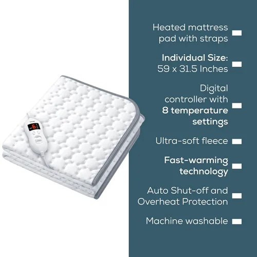 Vista 7 de Beurer UWB55 - Cubrecolchón térmico con 8 ajustes de temperatura y forro polar ultrasuave, 59 x 31.5 pulgadas, calentador de cama eléctrico