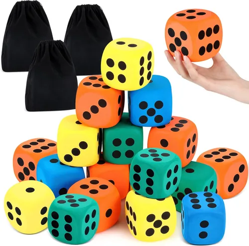 Vista 8 de Meooeck Paquete de 18 dados grandes de espuma de 2.48 pulgadas, coloridos dados jumbo con bolsa de almacenamiento para actividades educativas