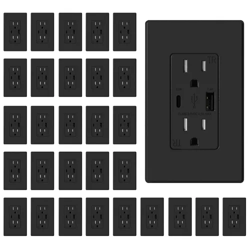 Vista 22 de ELEGRP Cargador USB de pared, receptáculo USB con puertos USB tipo A y tipo C, enchufe dúplex de 15 amperios resistente a manipulaciones NEMA 5-15R