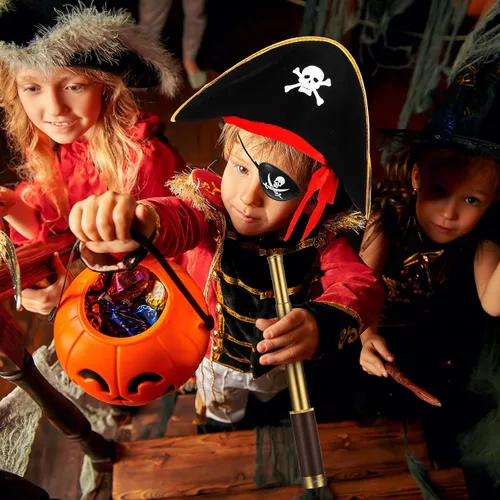 Vista 5 de Telescopio monocular pirata, mapa del tesoro, brújula, sombrero pirata, estampado de calavera, disfraz de capitán, 5 piezas de recuerdos de fiesta