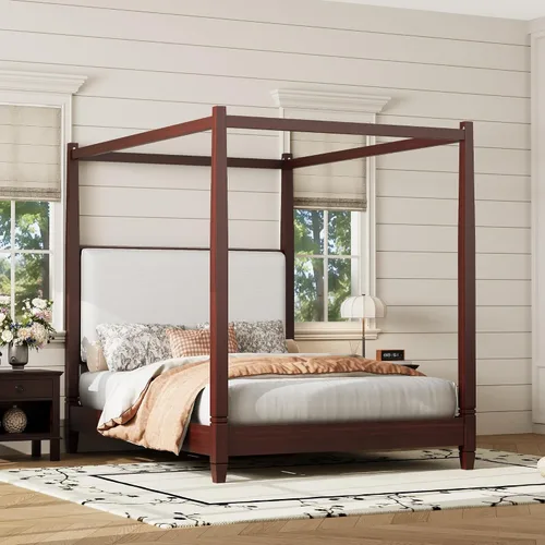 Vista 21 de VilroCaz Cama moderna de plataforma con dosel de tamaño Queen con cabecera capitoné de canal de tapicería, base de cama de metal con 4 carteles