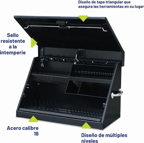 Vista 7 de Montezuma – ME300B – Cofre de herramientas portátil TRIÁNGULO de 30 pulgadas – Diseño de varios niveles – Construcción de calibre 16 – Cofre