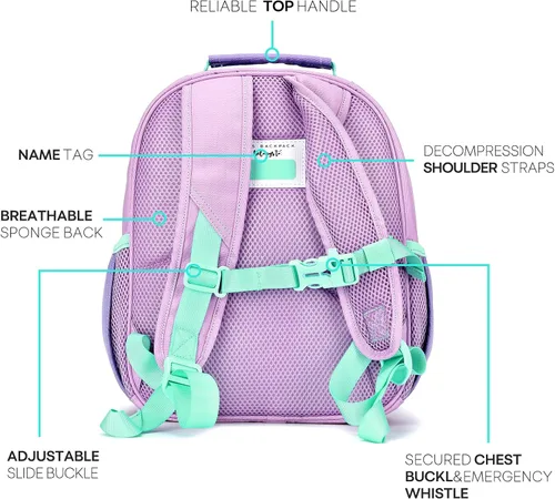 Vista 4 de mibasies Mochila para niñas y niños, ideal para niños y niñas, mochila para preescolar jardín de infantes y primaria, Púrpura claro, Niñito-12
