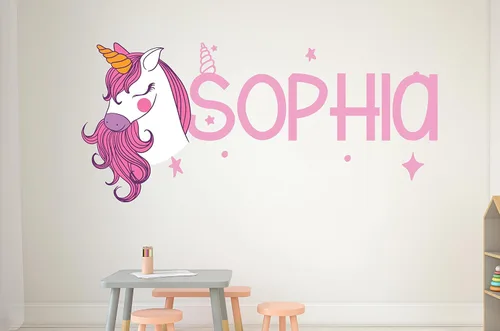 Vista 2 de Calcomanías de pared personalizadas de unicornio para dormitorio de niñas, calcomanías de pared con nombre personalizado de unicornio, decoración