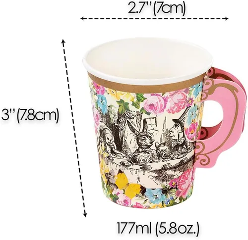 Vista 7 de Set de tazas con manija y plato Truly Alice del Sombrerero Loco de Alicia en el país de las maravillas, en 3 diseños para fiesta de té o cumpleaños