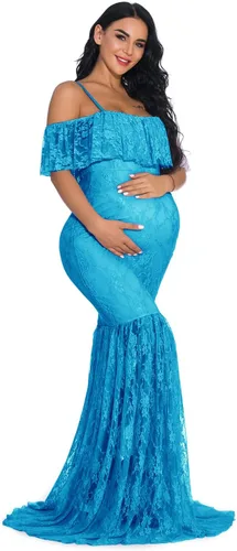 Vista 4 de ZIUMUDY Vestido de maternidad de encaje ajustado con mangas con volantes y hombros descubiertos, vestido de fotografía para baby shower