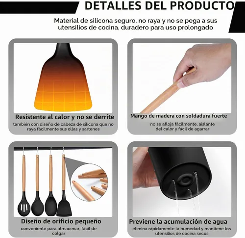 Vista 4 de Juego de utensilios de cocina HaWare, juego de espátulas de silicona de 23 piezas con soporte, utensilio de cocina con mango de madera resistente al