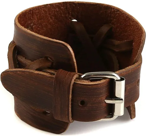 Vista 5 de HZMAN Pulseras de Cuero Marrón Pulsera de Puño de Cuero para Hombre Pulsera de Muñequera Ajustable Joyería de Regalo