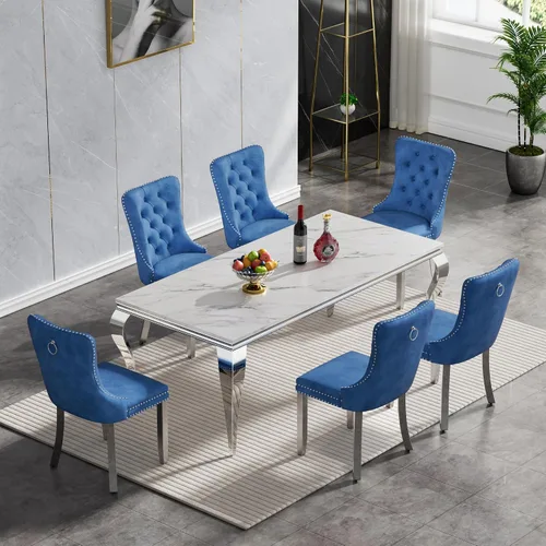 Vista 86 de Juego de 4 mesas de comedor blancas y doradas, mesa de cocina rectangular de 68 pulgadas con parte superior de mármol sintético blanco, mesa de Mesa