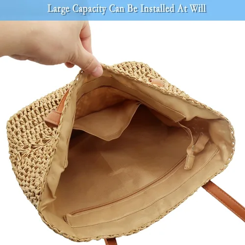 Vista 4 de Fozehlad Womens Straw Beach Tote Bag with Zipper,Summer Straw Hobo Bags,Woven Rattan Handmade Shoulder Handbags for vacation