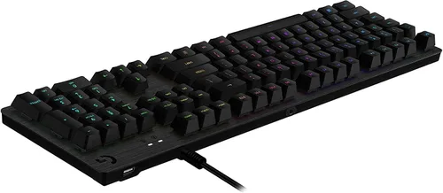 Vista 4 de Teclado mecánico para juegos Logitech G512 Lightsync RGB, diseño inglés de carbono, interruptor GX azul, carcasa de aluminio cepillado, paso USB