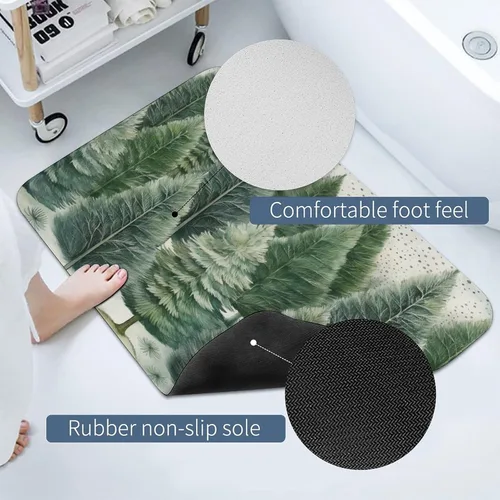 Vista 4 de Alfombra de baño de goma antideslizante de pino verde con copos de nieve, secado rápido, súper absorbente, ajuste fino debajo de la puerta, árboles