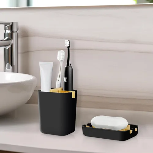 Vista 6 de Juego de soportes para cepillos de dientes y jabonera, accesorios de baño Negro