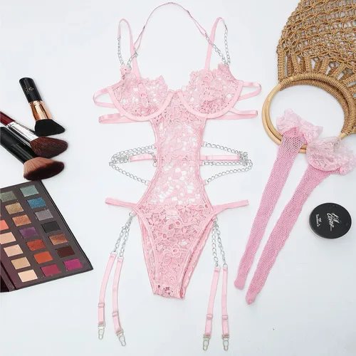 Vista 5 de Conjunto de lencería de encaje con correa de peluche para mujer, body babydoll con liguero, Rosado, SmallMediumLarge