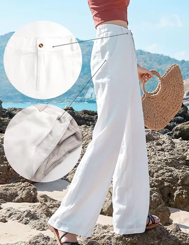 Vista 2 de Hooever Pantalones casuales de lino y algodón para mujer, con botones, cintura alta, pierna ancha