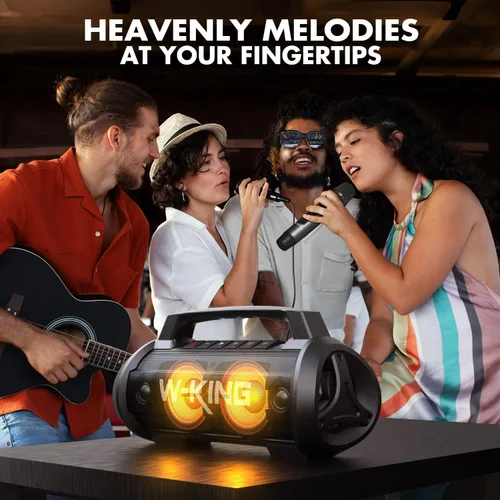 Vista 2 de W-KING Altavoz Bluetooth portátil con micrófono inalámbrico, 120 W pico 70 W RMS altavoces Bluetooth impermeables para exteriores, graves 110 dB, 42