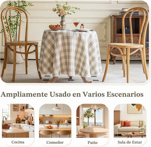 Vista 5 de Alsoo Mantel redondo de cuadros beige de 60 pulgadas, mantel circular a cuadros, lavable, sin arrugas, de lino y algodón, para picnic, cocina