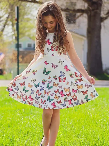 Vista 3 de Vestidos de verano para niñas, sin mangas, con bolsillo, vestido de sirena de mariposa, vestido casual de verano para niñas de 3 a 12 años