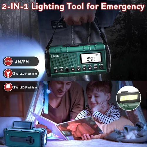 Vista 3 de Radio de emergencia NOAA de alerta meteorológica con energía solar y manivela de mano USB-C carga portátil radio AM/FM 3W, lámpara de lectura