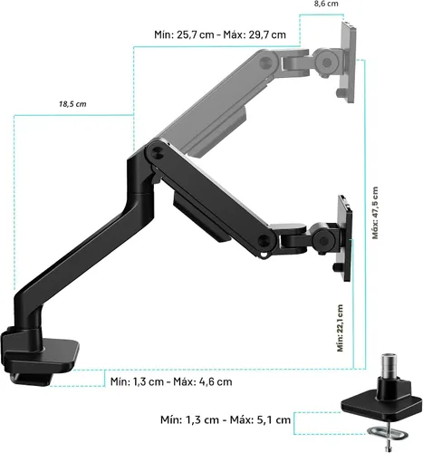 Vista 8 de ARES WING Brazo de monitor ultraancho para pantalla curvada de servicio pesado de 17 a 49 pulgadas, soporta 44 libras, brazo de monitor ajustable