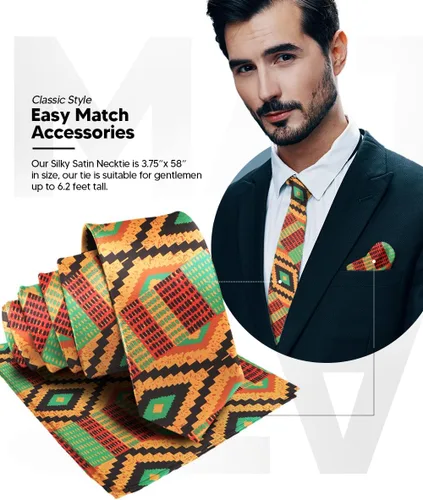 Vista 38 de Juego de corbata Kente con estampado africano y animal y pañuelo de bolsillo a juego