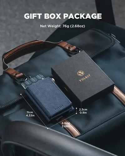 Vista 5 de VULKIT Tarjetero de crédito con bolsillo de cuero con cremallera desplegable con bloqueo RFID, funda de metal delgada, marino