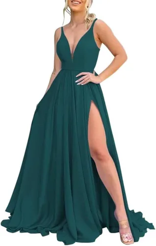 Vista 21 de Vestidos largos de dama de honor para mujer, con abertura, cuello en V, vestido de fiesta formal para boda