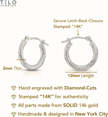 Vista 3 de Aretes redondos de oro blanco de 14 quilates grabados a mano con corte de diamante completo