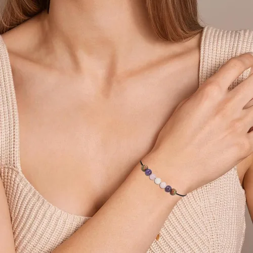 Vista 3 de Ronglry Pulsera de cristal para mujeres y hombres, pulsera de cuentas de cristal curativo, amatista 7 chakras, pulseras de ansiedad espiritual