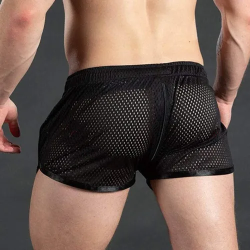 Vista 5 de WENKOMG1 Pantalones cortos gay de malla para hombre, transparentes, de secado rápido, con rayas laterales, sexy, ligeros, de 3 pulgadas, pantalones