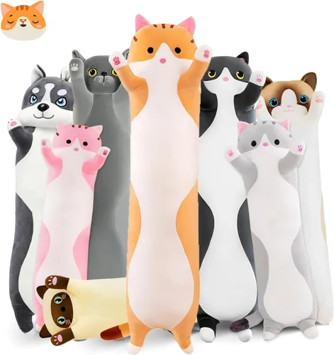 Vista 9 de Almohada larga de felpa de gato, 19.6 pulgadas - Adorable peluche de gato negro - Animales de peluche suaves - Almohada tipo cuerpo de gatito
