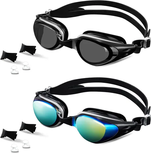 Vista 9 de Gafas de natación, paquete de 2 gafas de natación antivaho, anti-UV, sin fugas, adultos, hombres, mujeres y jóvenes Negro