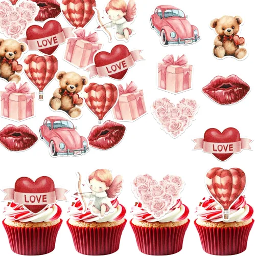 Vista 24 de Rsstarxi Paquete de 24 adornos para cupcakes para el día de San Valentín, con purpurina roja, dulce amor, para cupcakes, decoración de San Valentín