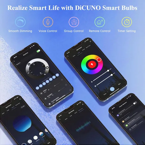 Vista 6 de DiCUNO Bombillas inteligentes, bombilla cambiante a todo color, compatible con Alexa, Google Assistant, no requiere concentrador, RGBCW multicolor