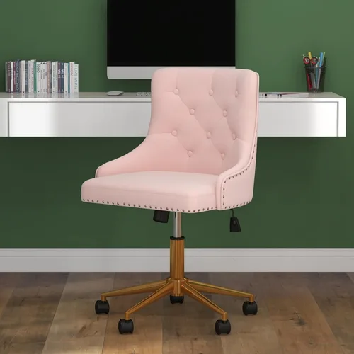Vista 9 de Silla giratoria moderna, cómoda silla de escritorio tapizada de terciopelo con ribete de cabeza de clavo, silla de tocador ajustable sin brazos