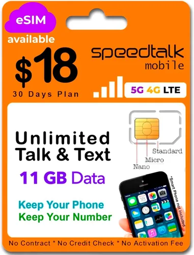 Vista 9 de Tarjeta SIM prepaga para teléfonos móviles y celulares SpeedTalk Mobile para teléfonos inteligentes y celulares Plan mensual de $11 - Llamadas