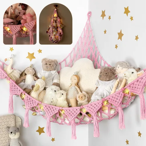 Vista 13 de TIDYTEDS Macramé DreamLights Hamaca de Red de Almacenamiento de Animales de Peluche Boho Extra Grande Soporte de Almacenamiento de Juguetes de Azul