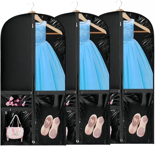 Vista 8 de Bolsa de ropa transparente para disfraz de baile, bolsa de ropa de 39 pulgadas para competiciones de baile, funda de ropa colgante para niños