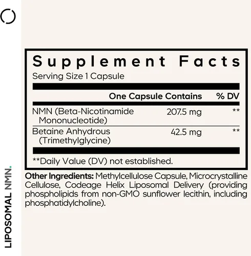 Vista 2 de Codeage Suplemento liposomal de NMN y TMG – Precursor de mononucleótido de nicotinamida NAD+, betaína anhidra trimetilglicina TMG – Certificado NSF