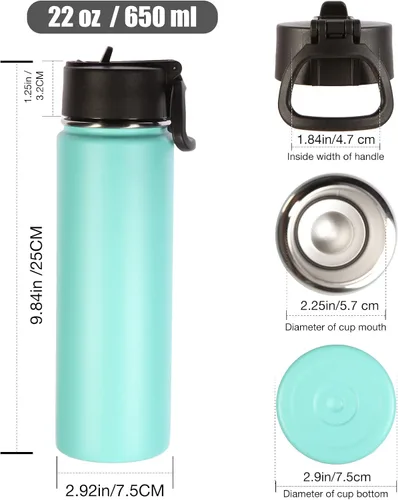 Vista 2 de Botellas de agua aisladas Volhoply con pajilla a granel, paquete de 8, de 22 onzas (650 ml), botella deportiva de acero inoxidable con asa y tapa