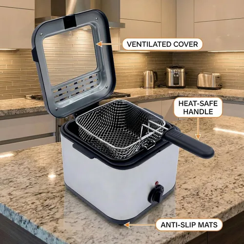 Vista 2 de Freidora Profesional para el Hogar con Ventana de Visualización - 2.6Qt de Acero Inoxidable, Potencia de 1000W, Temperatura Ajustable y Cesta