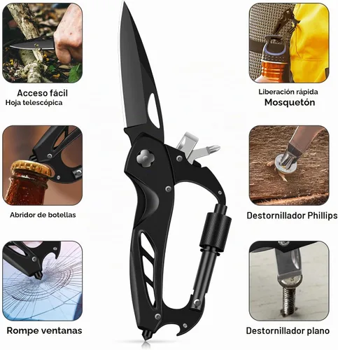 Vista 6 de Herramienta múltiple con mosquetón con cuchillo de bolsillo, equipo de supervivencia para camping y senderismo, llavero con mosquetones EDC