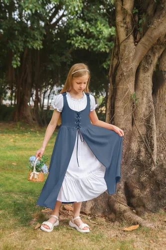 Vista 30 de Scarlet Darkness Vestido renacentista para niñas, disfraz de princesa medieval de dos piezas, 7-14 años