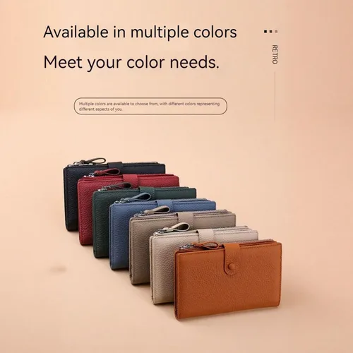 Vista 6 de Cartera para mujer, con cremallera y bolsillo para monedas, con bloqueo Rfid, billetera delgada de cuero para mujer, Beige, Classic