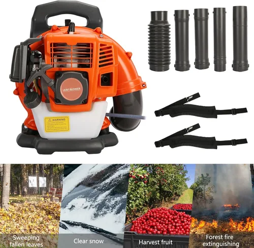 Vista 7 de Soplador de hojas de mochila, 52CC 550 CFM 2 tiempos motor soplador de hojas de gas, soplador de polvo de alta resistencia para exteriores de Naranja