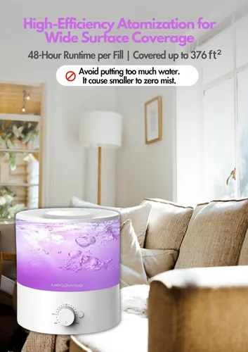 Vista 4 de MegaWise Humidificadores de niebla fría para bebés, dormitorio, guardería, hogar y oficina, vaporizador ultrasónico súper silencioso, recarga