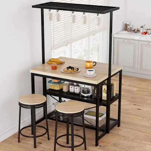 Vista 4 de Isla de cocina, estante para panaderos, mesa de isla para cocina, soporte de microondas de 3 niveles con almacenamiento, mesa de café grande
