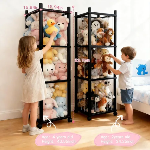 Vista 3 de Almacenamiento de madera para animales de peluche, organizador de juguetes de madera maciza resistente con ruedas bloqueables, fácil
